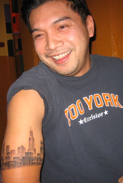 new york skyline tattoo. and his new Chicago tattoo